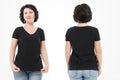 Women black blank t shirt, front and back rear view isolated on white background. Template shirt, copy space and mock up for print