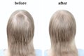 Women blond hair after using cosmetic powder to thicken hair.