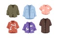 Women blouses and shirts set. Casual summer garment. Female apparel in modern style. Fashion top clothes with button