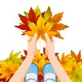 Women blue shoes on autumn leaves. Hands holding autumn leaves. Poster, banner vector illustration isolated