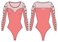 Women Bodysuit active wear design flat sketch fashion Illustration, Long sleeve Snap Leotard swimsuit suitable for girls and Royalty Free Stock Photo