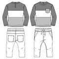 Baby Boys 2-Pieces Pant Set fashion flat sketch template. Technical Fashion Illustration. Long Sleeve Color Block Top with Woven P