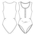 Women Sleeveless Henley front placket Bodysuit fashion flat sketch template. Technical Fashion Illustration.