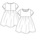 Baby Girls Short sleeves dress fashion flat sketch template. Girls Empire waist Dress Technical Fashion Illustration. Back Buttons