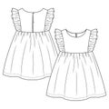 Baby Girls Frill sleeves fashion dress, flat sketch template. Infant Girls` Technical Fashion Illustration. Shirring detail