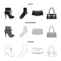 Women boots, socks, shorts, ladies bag. Clothing set collection icons in black,monochrome,outline style vector symbol