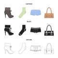 Women boots, socks, shorts, ladies bag. Clothing set collection icons in cartoon,black,outline style vector symbol stock