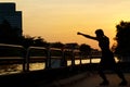 Women boxing exercise and martial arts silhouette on sunset