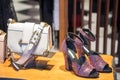 Women branded purses and shoes in a store Royalty Free Stock Photo