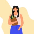 women brings vegetable illustration. girl after shoping vegetables vector illustration.