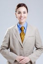 Women in Business Concepts. Young Caucasian Business Woman Natural Portrait. Posing Against Gray Royalty Free Stock Photo