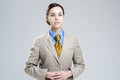 Women in Business Concepts. Young Caucasian Business Woman Natural Portrait. Posing Against Gray Royalty Free Stock Photo