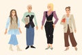 Women in business suits, employees of the company, different dress codes, came to work. Vector flat illustration