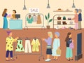 Women buying stylish clothes at clothing store or apparel boutique. Hand drawn vector illustration