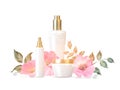 Women care cosmetic in beautiful bottles isolated over white background. Peony flower cream and oil. Moisturizer with