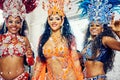 Women, carnival and new year party in brazil, celebration and colorful costume, festival and dance. Friends, dancer and