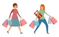 Women carrying shopping bags with purchases. Girlfriends taking part in seasonal sale at store