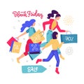 Women carrying shopping paper bag running for sales. Girls hurrying for seasonal sale in store, shop, mall, showroom. Female