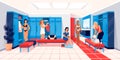 Women changing clothes in locker room scene. Dressing for fitness and sport exercise in gym vector illustration. Young Royalty Free Stock Photo