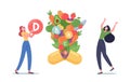 Women Characters Holding Huge Ball with Vitamin D Symbol, Healthy Fruits and Veggies Fly Out of Nutritional Supplement