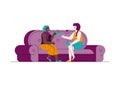 Women chatting on couch and enjoying tea sketch vector illustration isolated.