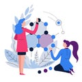 Women chemists or biologists scientists and molecule isolated icon