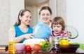 Women with child together cooking veggie lunch