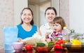 Women with child together cooking veggie lunch