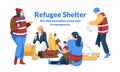 Women and children with luggage in a shelter for refugees.