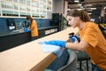 Women cleaners in the coworking area disinfect surfaces Royalty Free Stock Photo