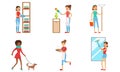 Women Cleaning Home and Doing Housework Set, Housewives Characters Daily Routine Vector Illustration