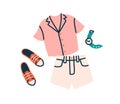 Women clothes, accessories for summer holiday. Female shirt, shorts, sneakers and watches for travel. Vacation apparel