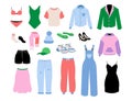 Women clothes. Cartoon fashion girls and adult seasonal outfits. Skirt and shirt. Bright pants or shoes. Casual and business