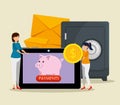 women with coin and tablet with digital piggy and strong box