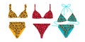 Women colorful leopard swimsuit design set. Fashion bikini collection. Female stylish swimwear. Royalty Free Stock Photo