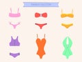 Women colorful swimsuit set. Bikini and monokini collection.