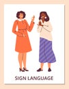 Women communicate in deaf sign language, articulated gesture for conversation deafness, fingerspelling vector poster