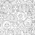 Women community. Big female family. Group of pretty girls. Team of girls. Colouring page. Seamless pattern background Royalty Free Stock Photo