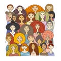 Women community. Big female family. Group of pretty girls. Team of girls. Art frame for your design