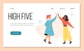 Women congratulate each other with high five, web banner template - flat vector illustration.