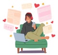 Women Connecting Through Internet Love Chats. Female Character With Laptop Fostering Friendships, Sharing Experiences