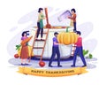 Women cooking soup and men preparing pumpkin for thanksgiving. Autumn Family Holiday Flat vector illustration