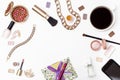 Women cosmetics and accessories, pen, envelope, black coffee and a mobile phone on white background.