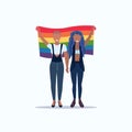 Women couple holding rainbow flag love parade lgbt pride festival concept mix race lesbian female cartoon characters