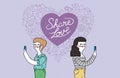 Women couple on phone internet love illustration