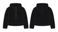 Women crop hoodie technical sketch. Black color. CAD mockup template hoody