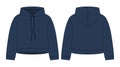 Women crop hoodie technical sketch. Dark blue color. CAD mockup template hoody