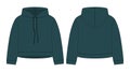 Women crop hoodie technical sketch. Dark green color. CAD mockup template hoody