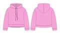 Women crop hoodie technical sketch. Pink color. CAD mockup template hoody