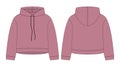 Women crop hoodie technical sketch. Pudra color. CAD mockup template hoody